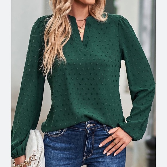 Chic Nation Tops - Elegant Green Swiss dot holiday Women's Top